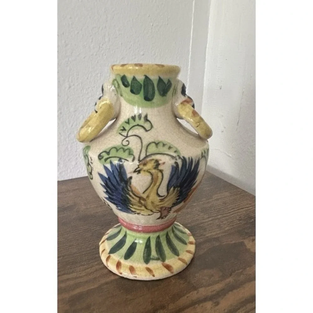 Vintage Handles‎ Ceramic Vase JAPAN Phoenix Bird Asian 5inch